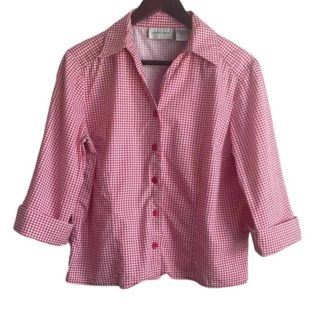 Lemon Grass Women Cotton Top L Red Checked 3/4 Cuffed Sleeve Cowgirl Western